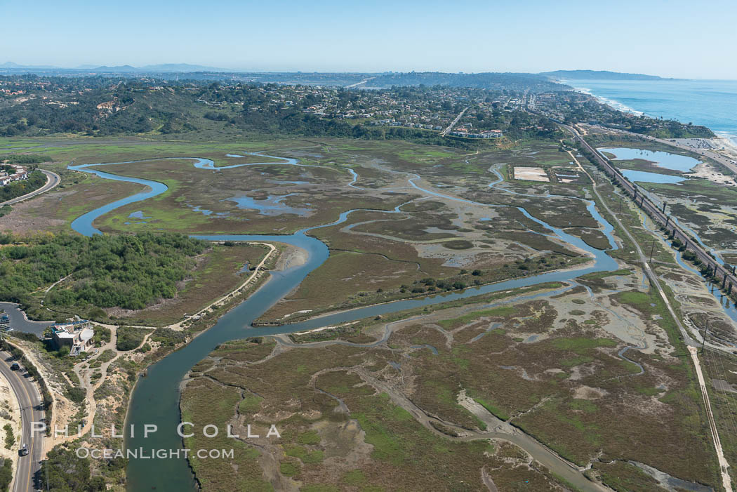 Aerial Photo of San Elijo Lagoon. San Elijo Lagoon Ecological Reserve is one of the largest remaining coastal wetlands in San Diego County, California, on the border of Encinitas, Solana Beach and Rancho Santa Fe. USA, natural history stock photograph, photo id 30593