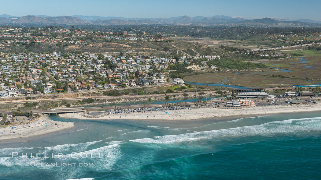 Aerial Photo of San Elijo Lagoon and Cardiff Reef beach. San Elijo Lagoon Ecological Reserve is one of the largest remaining coastal wetlands in San Diego County, California, on the border of Encinitas, Solana Beach and Rancho Santa Fe. USA, natural history stock photograph, photo id 30597