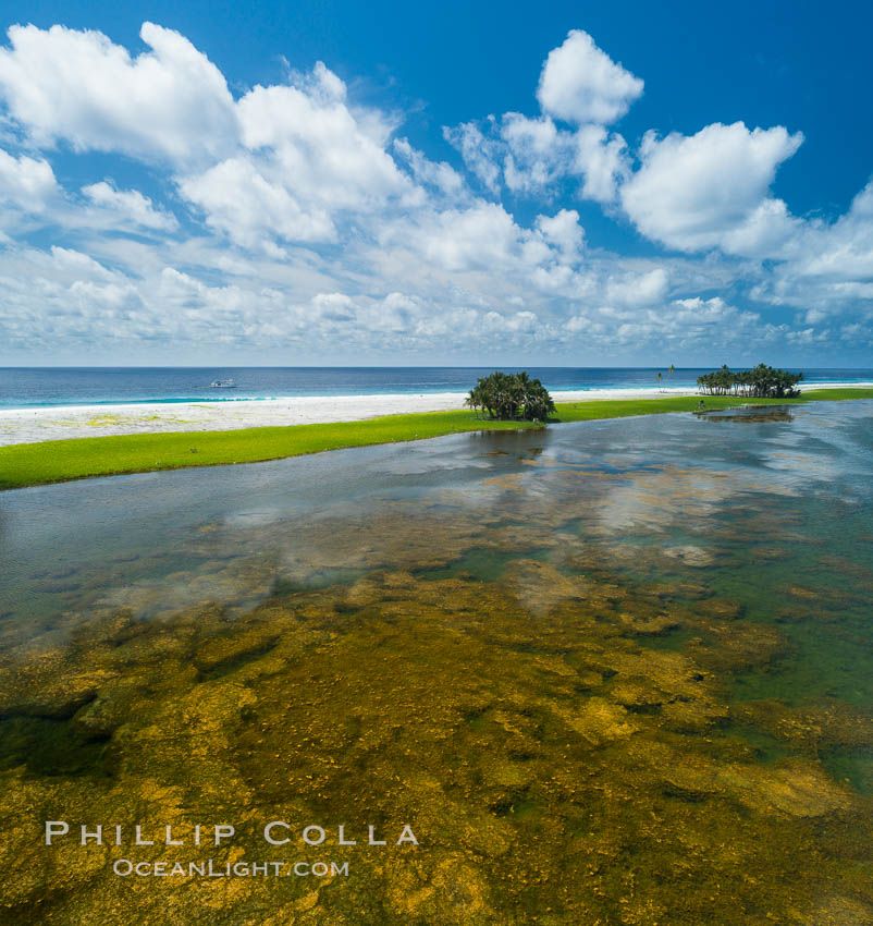 Aerial view of the lagoon inside Clipperton Island.  The lagoon within the atoll was formerly open to the ocean but has been closed and stagnant for many decades. Some experts believe erosion will open the lagoon up to the ocean again soon. Clipperton Island, a minor territory of France also known as Ile de la Passion, is a spectacular coral atoll in the eastern Pacific. By permit HC / 1485 / CAB (France)., natural history stock photograph, photo id 32867