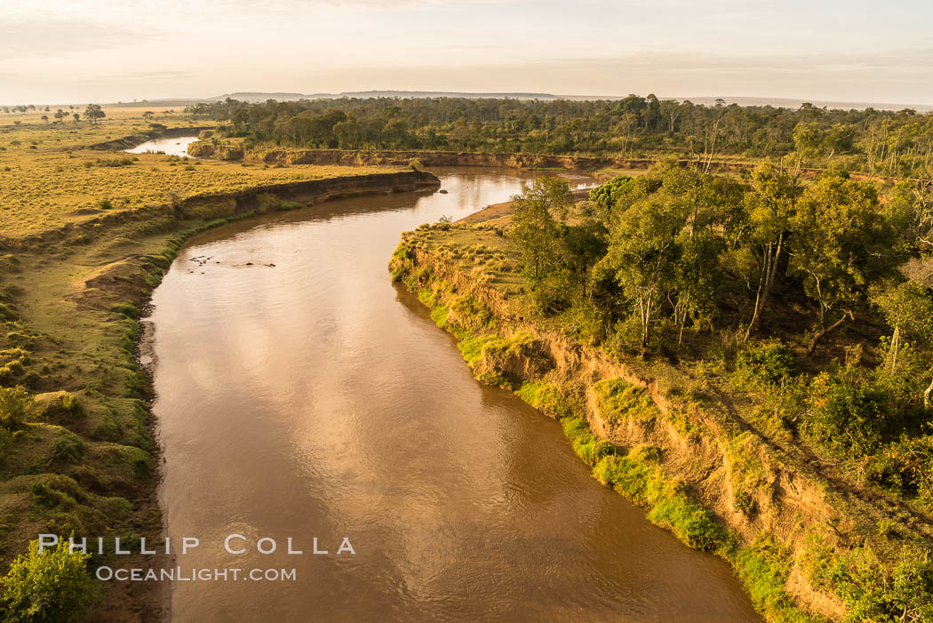 Aerial view of the Mara River, Maasai Mara, Kenya.  Photo taken while hot air ballooning at sunrise. Maasai Mara National Reserve, natural history stock photograph, photo id 29815