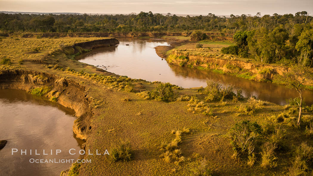 Aerial view of the Mara River, Maasai Mara, Kenya.  Photo taken while hot air ballooning at sunrise. Maasai Mara National Reserve, natural history stock photograph, photo id 29813