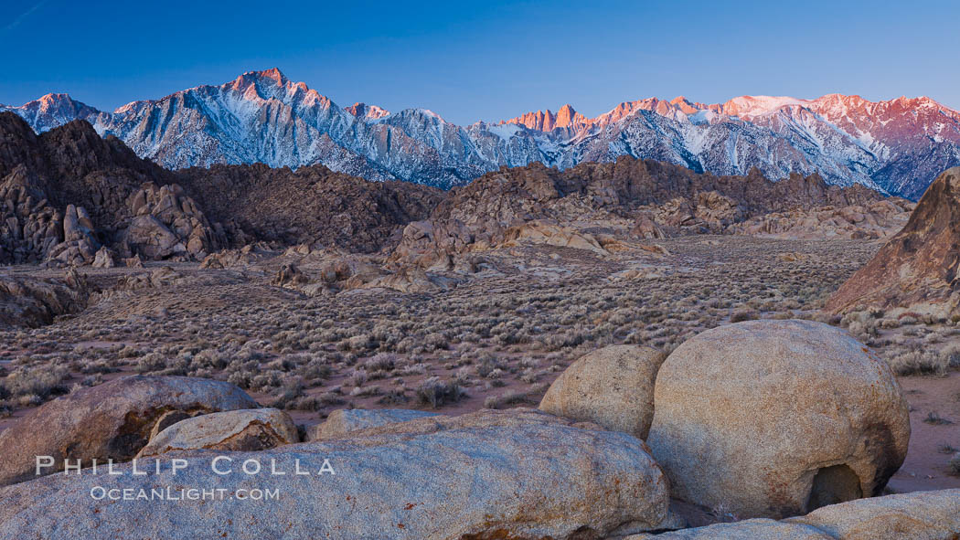 Alabama Hills and Sierra Nevada, sunrise. Alabama Hills Recreational Area, California, USA, natural history stock photograph, photo id 27625