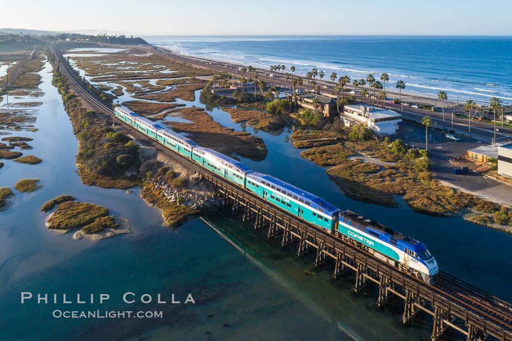 Amtrak train over San Elijo Lagoon, Encinitas. California, USA, natural history stock photograph, photo id 37961