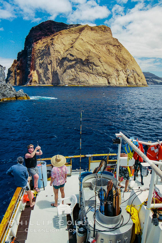 Anchored near Church Rock, with Isla Adentro just beyond. Guadalupe Island, Mexico. Guadalupe Island (Isla Guadalupe), Baja California, natural history stock photograph, photo id 36238
