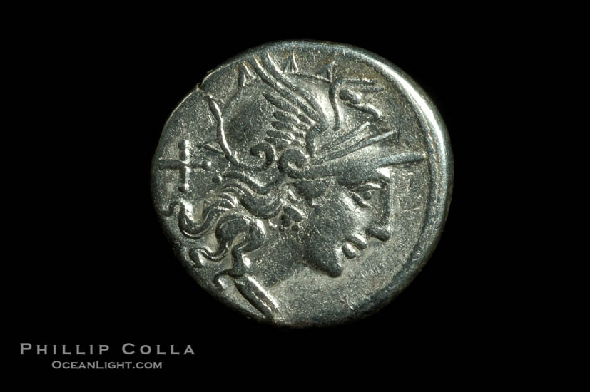 Ancient Roman coin, minted by Pinarius Natta (149 B.C.), (silver, denom/type: Denarius)., natural history stock photograph, photo id 06498