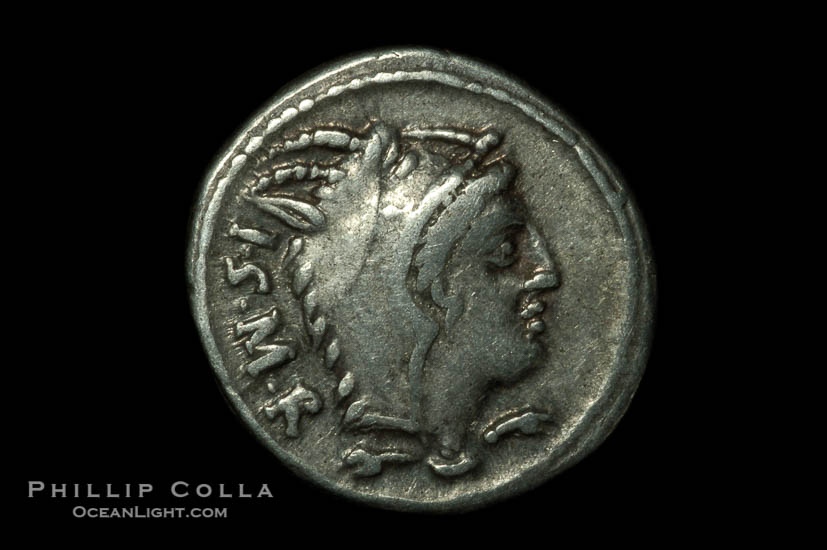 Ancient Roman coin, minted by L. Thorius Balbus (105 B.C.), (silver, denom/type: Denarius) (Denarius Syd-598. Craw-316/1. Obverse: Head of Juno of Lanuvium right, wearing goats skin, I.S.M.R. behind. Reverse: Bull charging right, T above, L THORIUS mint.)., natural history stock photograph, photo id 06504