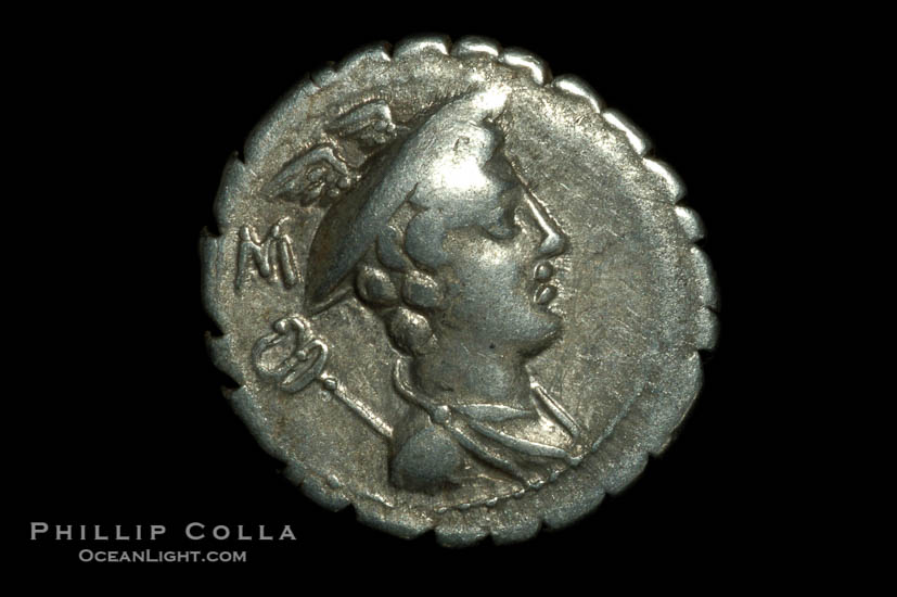 Ancient Roman coin, minted by C. Mamilius Limetanus (82 B.C.), (silver, denom/type: Denarius)., natural history stock photograph, photo id 06512