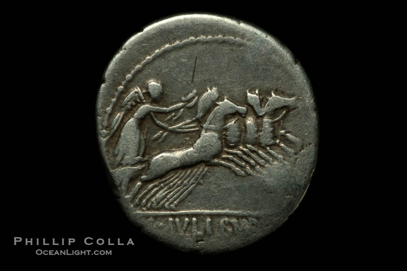 Ancient Roman coin, minted by Julius Brusio (85 B.C.), (silver, denom/type: Denarius) (Denarius Juilius Brusio. Bust of genius right, Laur. and winged, trident and symbol behind. Reverse: Victory in quadriga r. L.IVLI.BVRSIO in ex. BMC. 2485.)., natural history stock photograph, photo id 06511