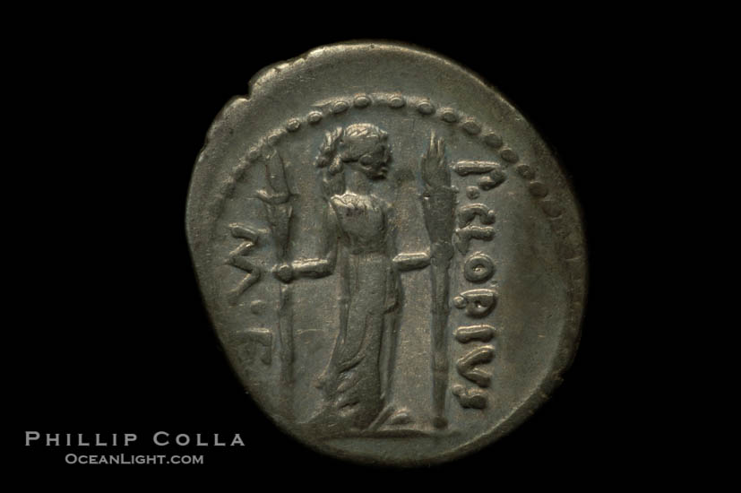 Ancient Roman coin, minted by P. Clodius (42 B.C.), (silver, denom/type: Denarius) (Denarius Cr. 494/23, SYD 1117, BAB (Claudia) 15.)., natural history stock photograph, photo id 06517
