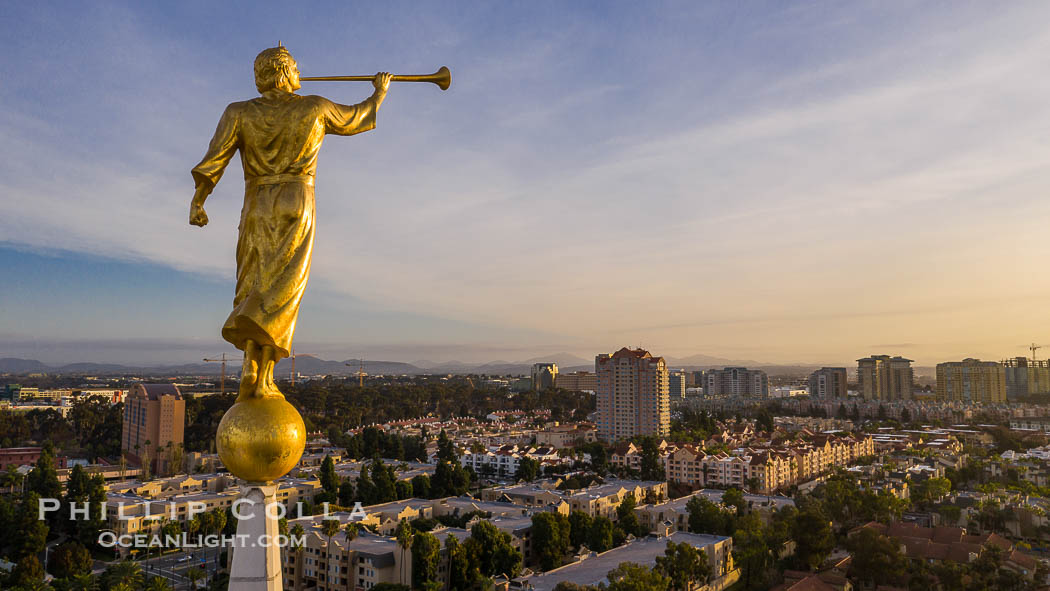 Angel Moroni trumpeting atop the San Diego California Temple, the Mormon Temple in La Jolla, California. USA, natural history stock photograph, photo id 38206