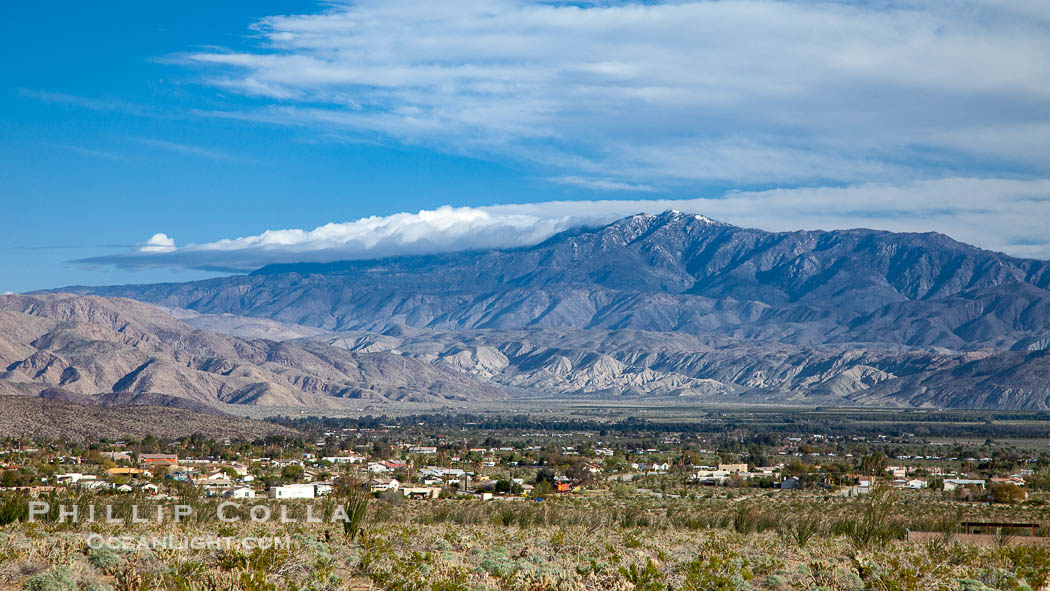 Anza-Borrego Desert State Park, viewed from Glorietta Canyon north over the town of Borrego Springs, with Coyote Mountain in the distance. California, USA, natural history stock photograph, photo id 24310