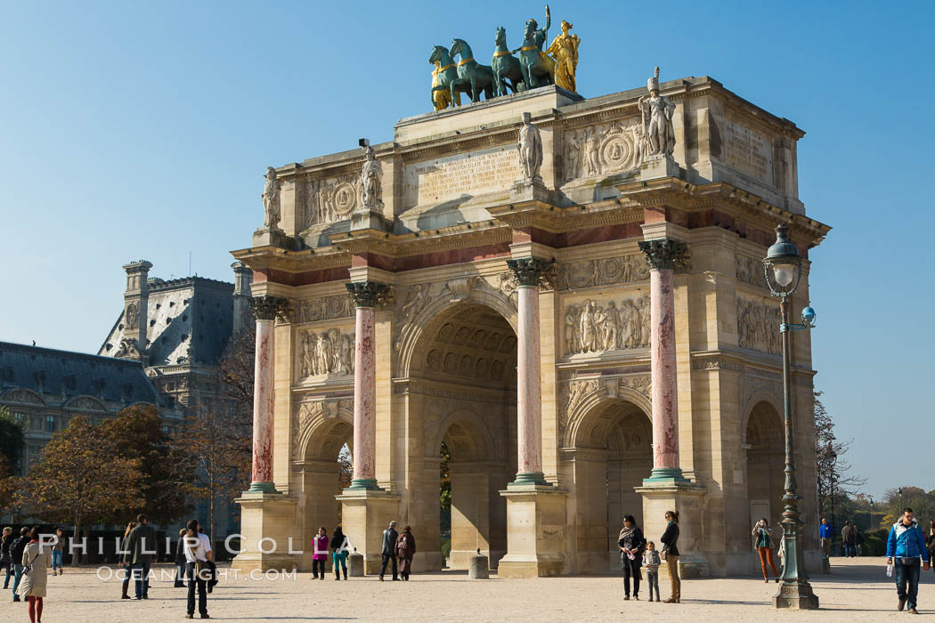 Arc de Triomphe du Carrousel. The Arc de Triomphe du Carrousel is a triumphal arch in Paris, located in the Place du Carrousel on the site of the former Tuileries Palace. It was built between 1806 and 1808 to commemorate Napoleon's military victories of the previous year. France, natural history stock photograph, photo id 28226