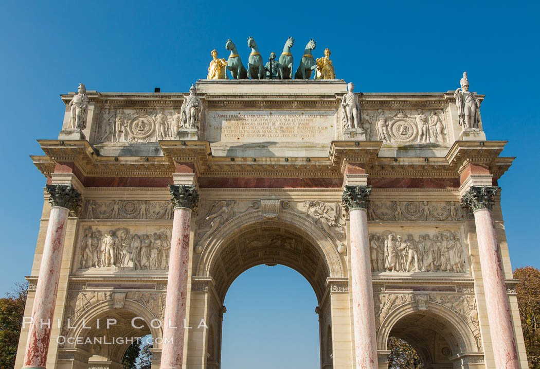 Arc de Triomphe du Carrousel. The Arc de Triomphe du Carrousel is a triumphal arch in Paris, located in the Place du Carrousel on the site of the former Tuileries Palace. It was built between 1806 and 1808 to commemorate Napoleon's military victories of the previous year. France, natural history stock photograph, photo id 28228