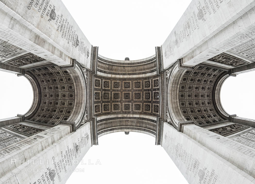 Arc de Triomphe. The Arc de Triomphe (Arc de Triomphe de l'Etoile) is one of the most famous monuments in Paris. It stands in the centre of the Place Charles de Gaulle (originally named Place de l'Etoile), at the western end of the Champs-Elysees. The Arc de Triomphe (in English: "Triumphal Arch") honors those who fought and died for France in the French Revolutionary and the Napoleonic Wars, with the names of all French victories and generals inscribed on its inner and outer surfaces. Beneath its vault lies the Tomb of the Unknown Soldier from World War I. The monument was designed by Jean Chalgrin in 1806, and its iconographic program pitted heroically nude French youths against bearded Germanic warriors in chain mail. It set the tone for public monuments, with triumphant patriotic messages. The monument stands 50 metres (164 ft) in height, 45 m (148 ft) wide and 22 m (72 ft) deep., natural history stock photograph, photo id 28080