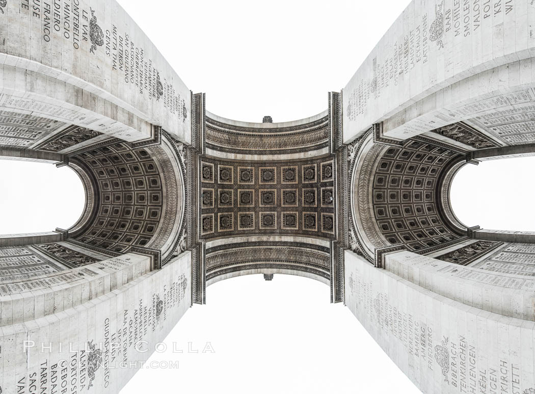 Arc de Triomphe. The Arc de Triomphe (Arc de Triomphe de l'Etoile) is one of the most famous monuments in Paris. It stands in the centre of the Place Charles de Gaulle (originally named Place de l'Etoile), at the western end of the Champs-Elysees. The Arc de Triomphe (in English: "Triumphal Arch") honors those who fought and died for France in the French Revolutionary and the Napoleonic Wars, with the names of all French victories and generals inscribed on its inner and outer surfaces. Beneath its vault lies the Tomb of the Unknown Soldier from World War I. The monument was designed by Jean Chalgrin in 1806, and its iconographic program pitted heroically nude French youths against bearded Germanic warriors in chain mail. It set the tone for public monuments, with triumphant patriotic messages. The monument stands 50 metres (164 ft) in height, 45 m (148 ft) wide and 22 m (72 ft) deep., natural history stock photograph, photo id 28081