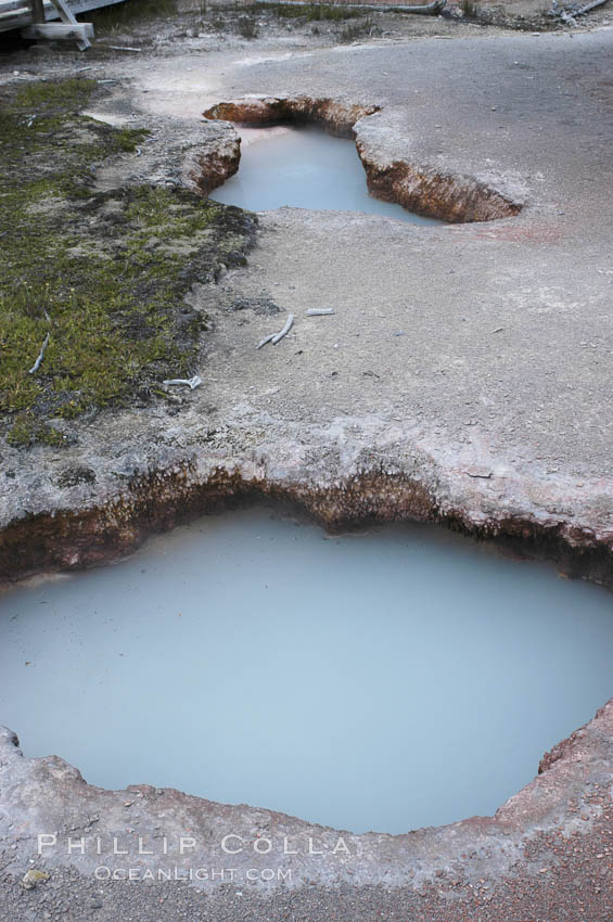 The Artist Paint Pots area of Yellowstone National Park holds steaming pools, mud pots (roiling mud mixed with sulfuric acid and steam) and paint pots (mud pots colored with dissolved minerals). Wyoming, USA, natural history stock photograph, photo id 07304