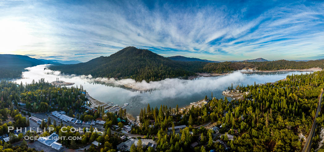 Autumn Dawn over Bass Lake in the Western Sierra Nevada, aerial panoramic photograph. California, USA, natural history stock photograph, photo id 39783