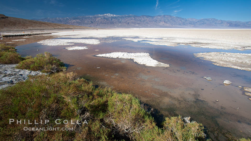 Badwater, California.  Badwater, at 282 feet below sea level, is the lowest point in North America.  9000 square miles of watershed drain into the Badwater basin, to dry and form huge white salt flats. Death Valley National Park, USA, natural history stock photograph, photo id 15624