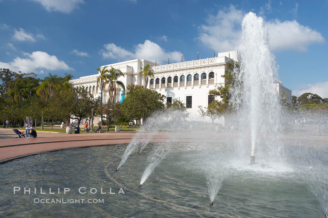 The Bea Evenson Foundation is the centerpiece of the Plaza de Balboa in Balboa Park, San Diego.  The San Diego Natural History Museum is seen in the background., natural history stock photograph, photo id 14592
