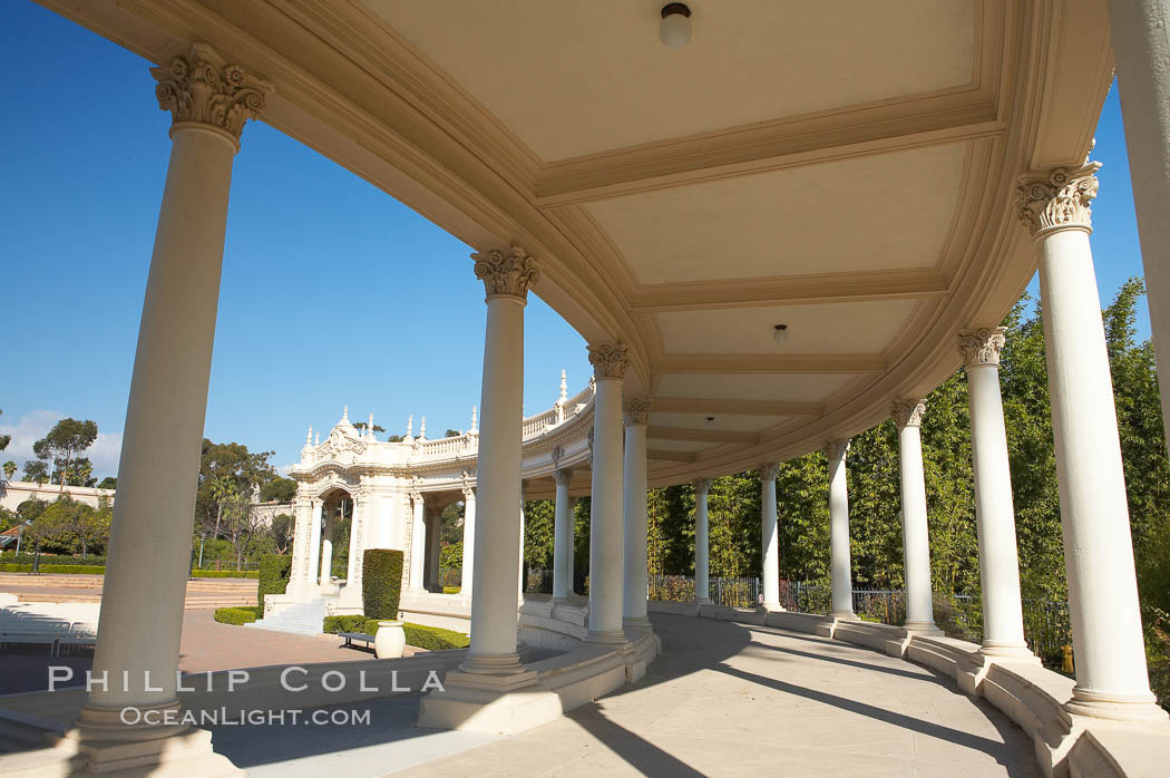 Columns and breezeway of the Spreckels Organ Pavilion in Balboa Park, San Diego.  The Spreckels Organ is the largest musical instrument in the world.  Built in 1915, it is played weekly during a free one-hour recital each Sunday. California, USA, natural history stock photograph, photo id 14607