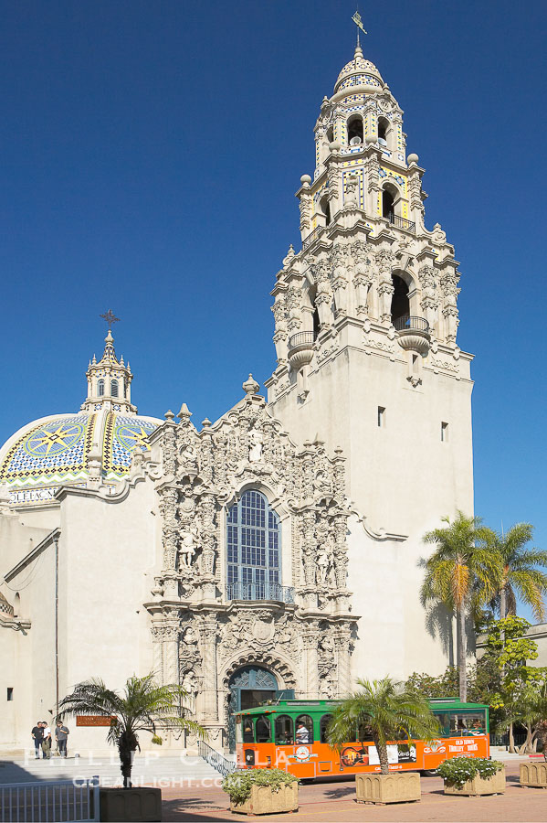 The South Facade of the San Diego Museum of Man is an ornate design containing statues and busts of figures important to the Spanish heritage of San Diego.  Balboa Park., natural history stock photograph, photo id 14601