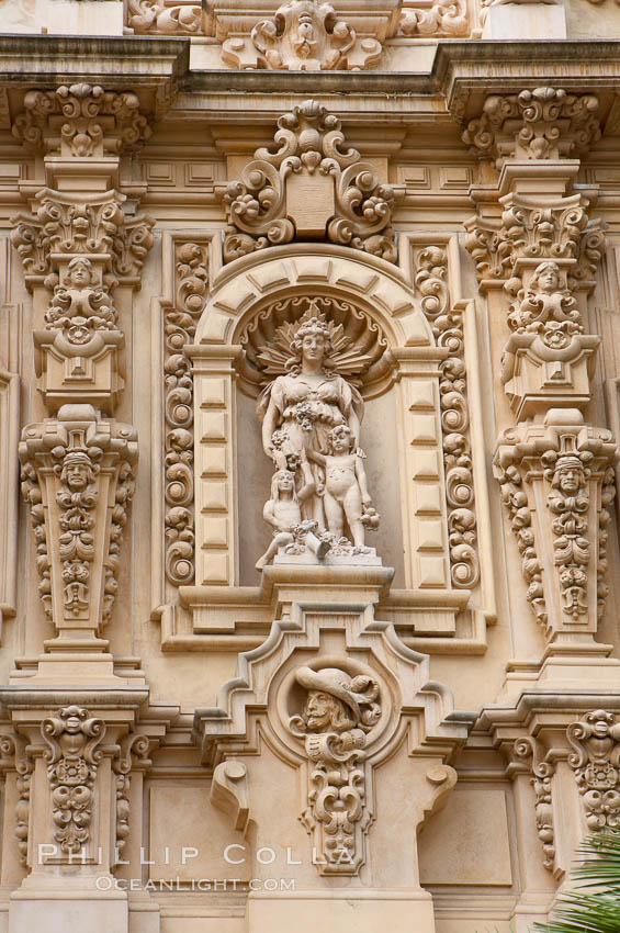 Detail of the ornate south facade of the Casa del Prado. Balboa Park, San Diego, California, USA, natural history stock photograph, photo id 14613
