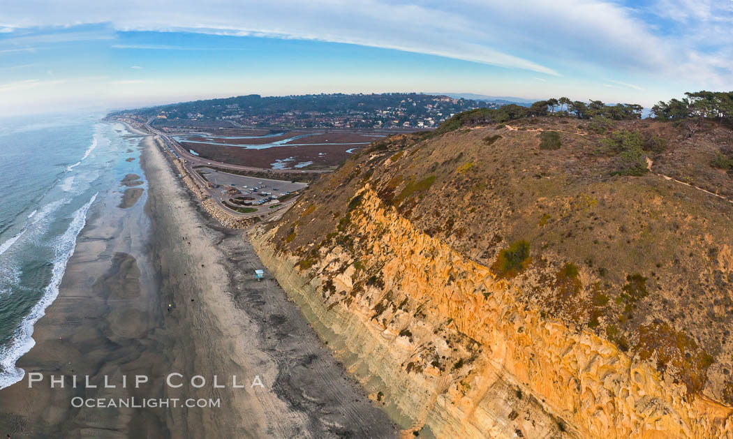 Torrey Pines balloon aerial survey photo.  Torrey Pines seacliffs, rising up to 300 feet above the ocean, stretch from Del Mar to La Jolla. On the mesa atop the bluffs are found Torrey pine trees, one of the rare species of pines in the world. Peregrine falcons nest at the edge of the cliffs. This photo was made as part of an experimental balloon aerial photographic survey flight over Torrey Pines State Reserve, by permission of Torrey Pines State Reserve., natural history stock photograph, photo id 27281
