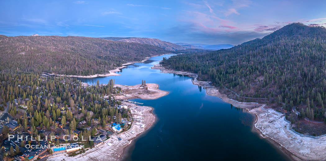 Bass Lake in December with Very Low Water Levels, sunset, aerial photo, Goat Mountain to the right. California, USA, natural history stock photograph, photo id 39995