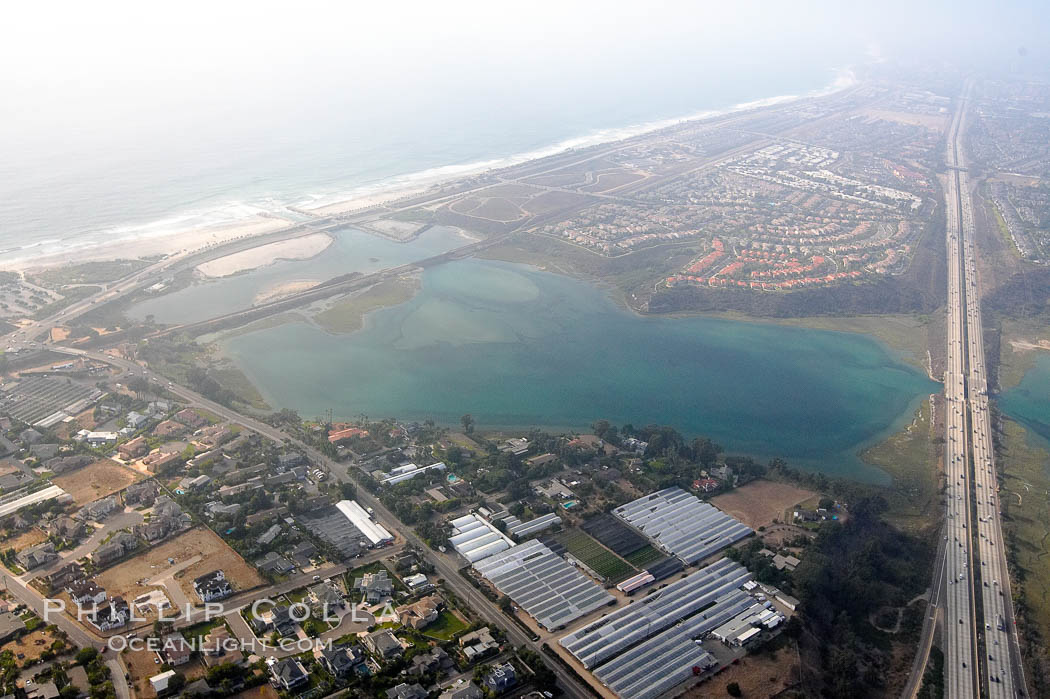 Batiquitos Lagoon aerial view, showing coastline and Interstate 5 freeway. Carlsbad, California, USA, natural history stock photograph, photo id 21337