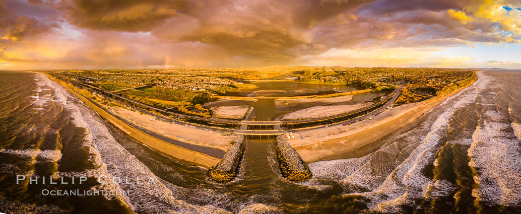 Batiquitos Lagoon and Ponto, stormy sunset, aerial panoramic photograph. Carlsbad, California, USA, natural history stock photograph, photo id 38168