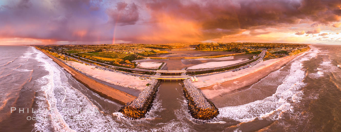 Batiquitos Lagoon and Ponto, stormy sunset, aerial panoramic photograph. Carlsbad, California, USA, natural history stock photograph, photo id 37944