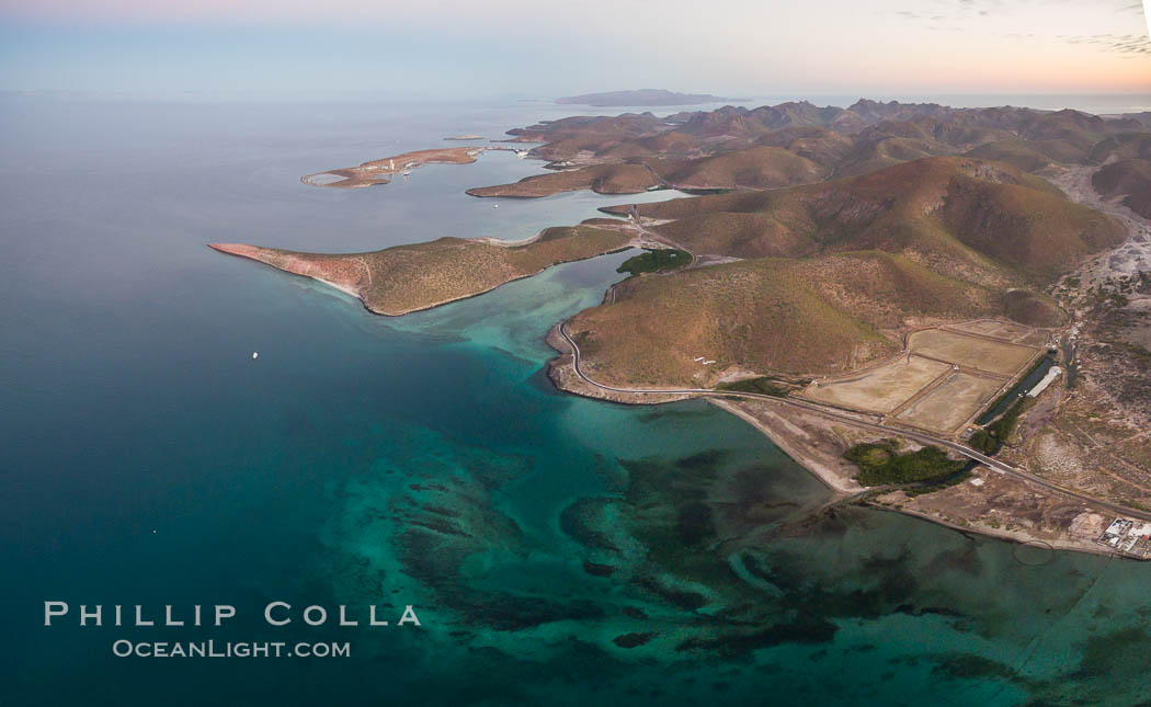 Bay of La Paz coast near Playa el Tesoro, Aerial Photo at Sunrise. Baja California, Mexico, natural history stock photograph, photo id 32476