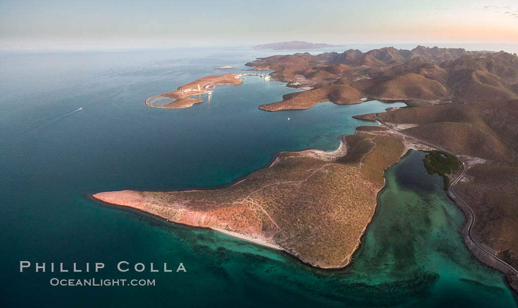 Bay of La Paz coast near Playa el Tesoro, Aerial Photo at Sunrise. Baja California, Mexico, natural history stock photograph, photo id 32475
