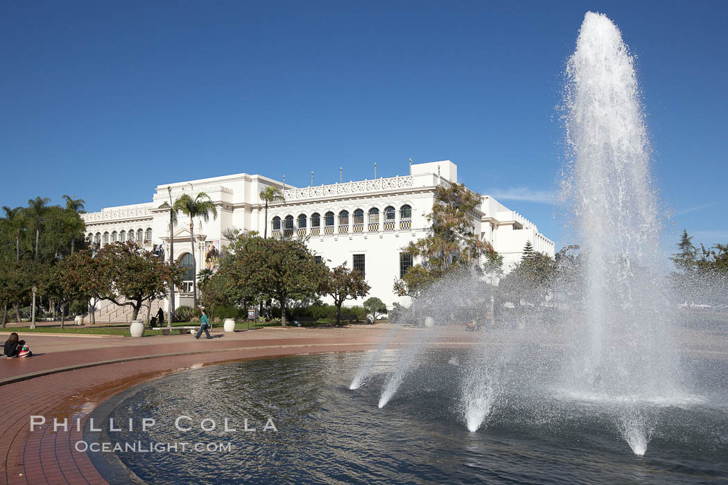 The Bea Evenson Fountain is the centerpiece of the Plaza de Balboa in Balboa Park, San Diego.  The San Diego Natural History Museum is seen in the background., natural history stock photograph, photo id 22176