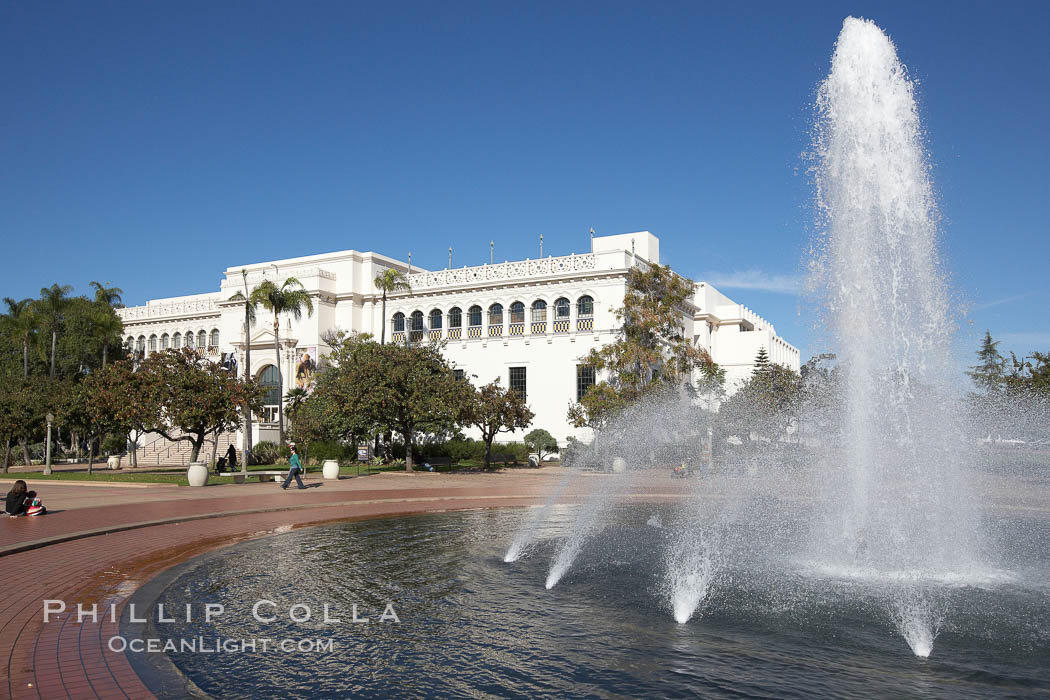 The Bea Evenson Fountain is the centerpiece of the Plaza de Balboa in Balboa Park, San Diego.  The San Diego Natural History Museum is seen in the background. California, USA, natural history stock photograph, photo id 22176