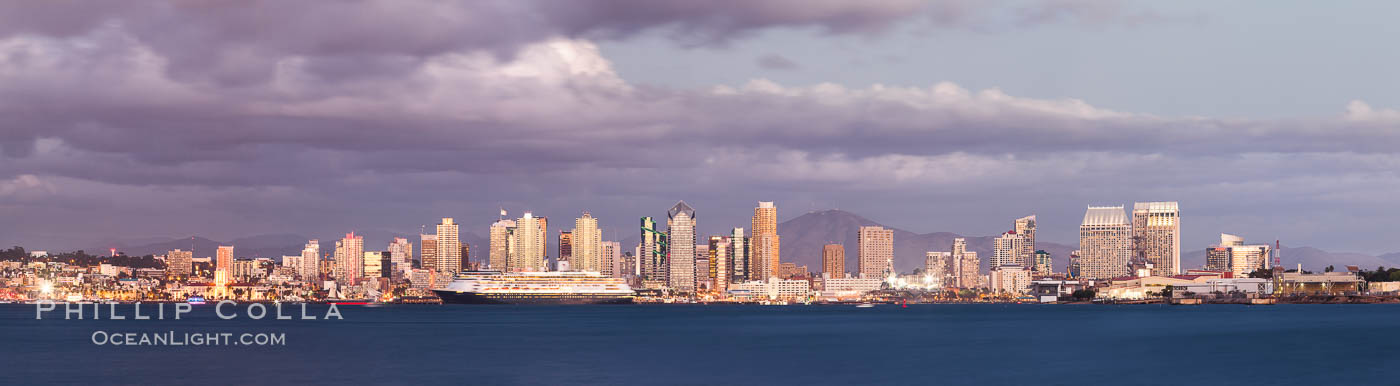 San Diego city skyline, dusk, clearing storm clouds. California, USA, natural history stock photograph, photo id 28008