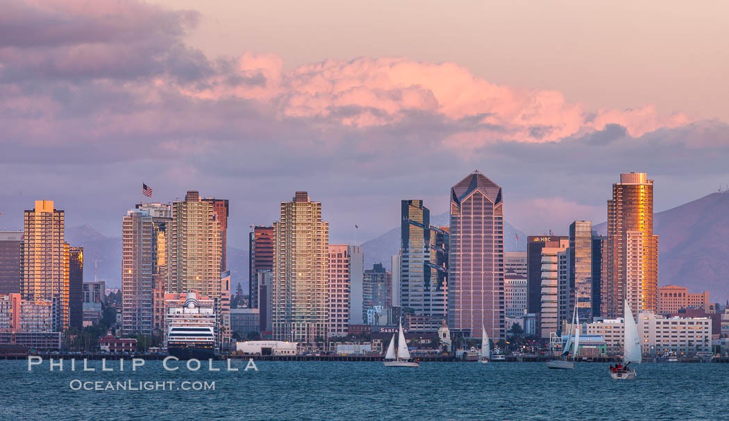 San Diego city skyline, dusk, clearing storm clouds. California, USA, natural history stock photograph, photo id 28007