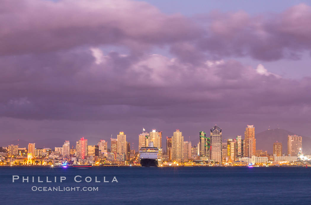 San Diego city skyline, dusk, clearing storm clouds. California, USA, natural history stock photograph, photo id 28009