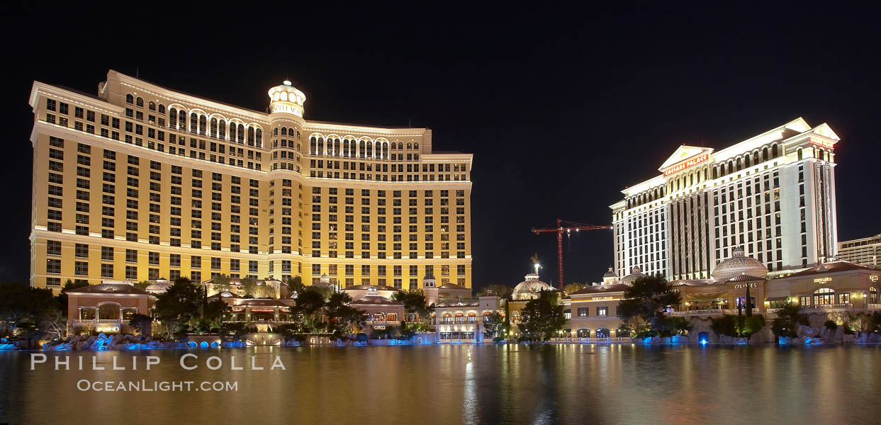 The Bellagio Hotel (left) and Caesar's Palace (right) reflected in the fountain pool, at night.  The Bellagio Hotel fountains are one of the most popular attractions in Las Vegas, showing every half hour or so throughout the day, choreographed to famous Hollywood music. Nevada, USA, natural history stock photograph, photo id 20573