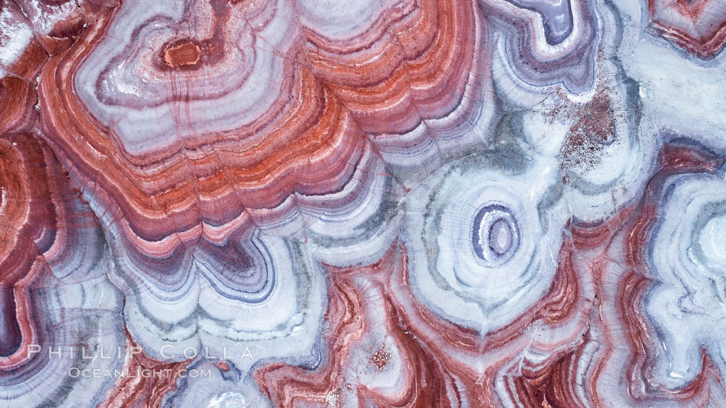 Fantastic colorful sedimentary patterns, Bentonite layers are seen as striations exposed in the Utah Badlands, part of the Chinle Formation formed during the Upper Triassic Period.  Aerial photograph. USA, natural history stock photograph, photo id 38177