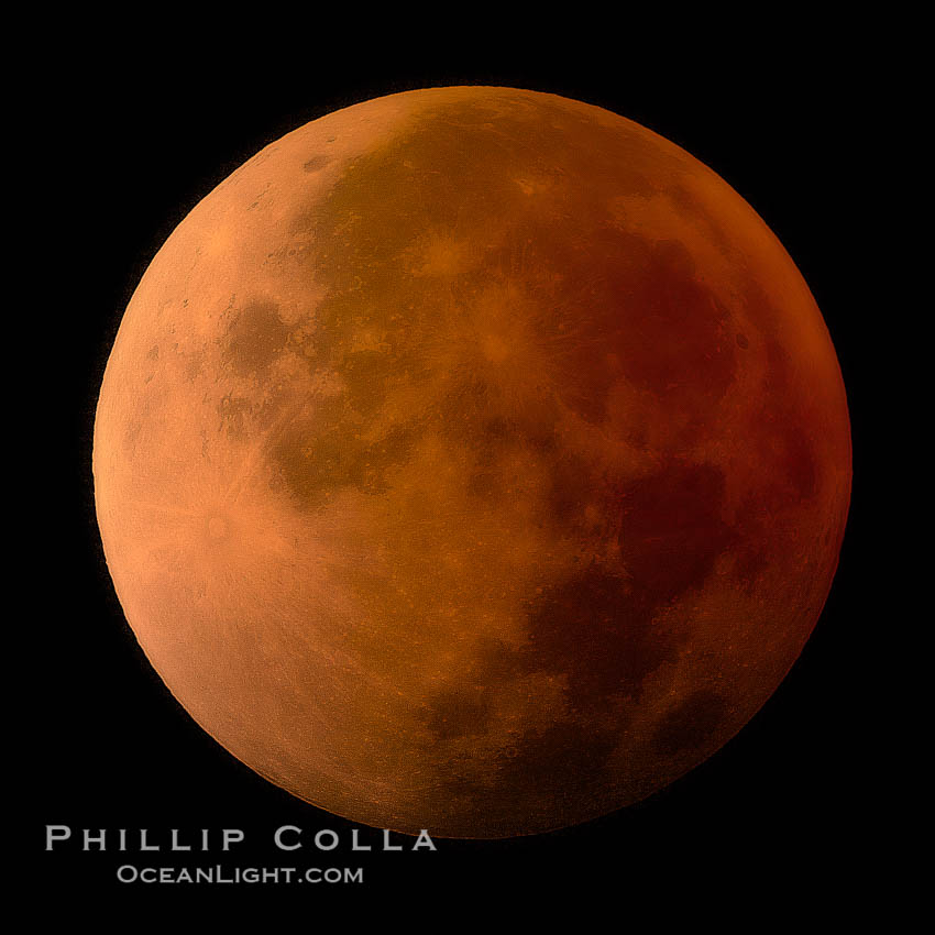 Blood red moon.  During total eclipse the moon lies in the full shadow of the earth (umbra) and receives only faint, red-tinged light -- sunlight which is refracted through the thin layer of smoke- and haze-filled air that is Earth's atmosphere.  August 28, 2007. Earth Orbit, Solar System, Milky Way Galaxy, The Universe, natural history stock photograph, photo id 19450