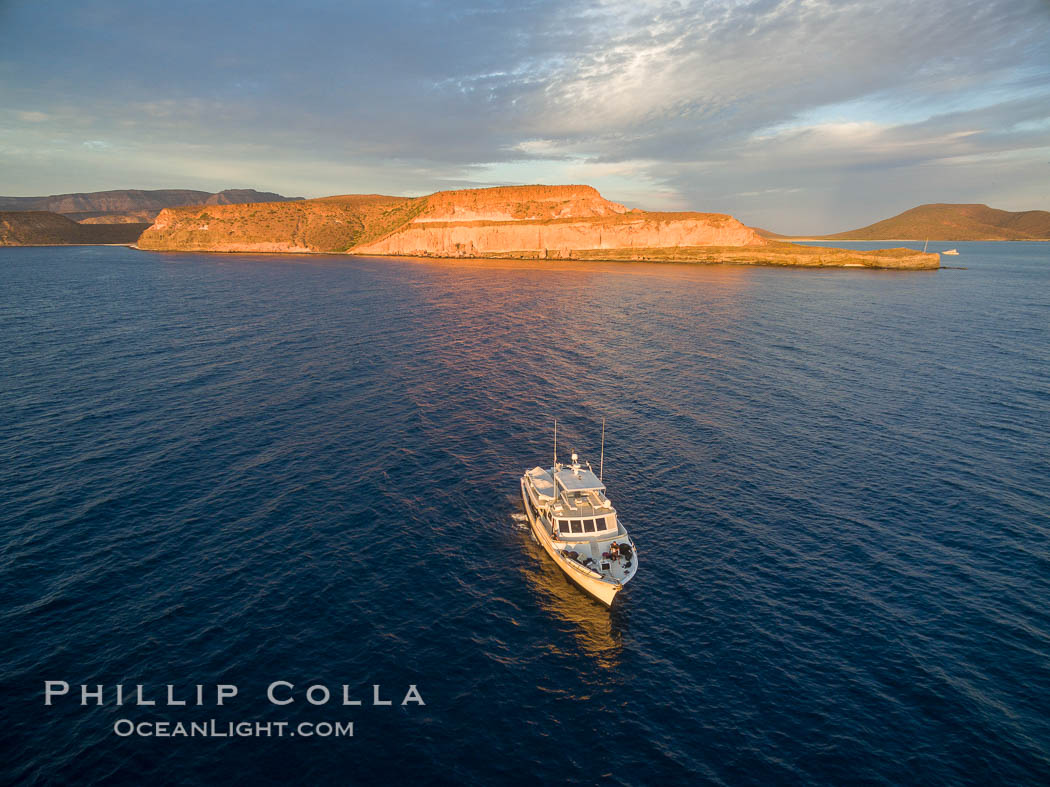 Boat Ambar, Punta Prieta and San Gabriel Bay, Aerial Photo, Sunset., natural history stock photograph, photo id 32474