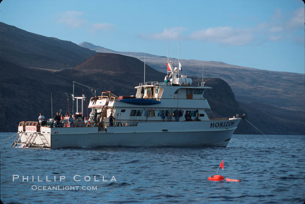 Spearfishermans floats and boat Horizon. Guadalupe Island (Isla Guadalupe), Baja California, Mexico, natural history stock photograph, photo id 02382