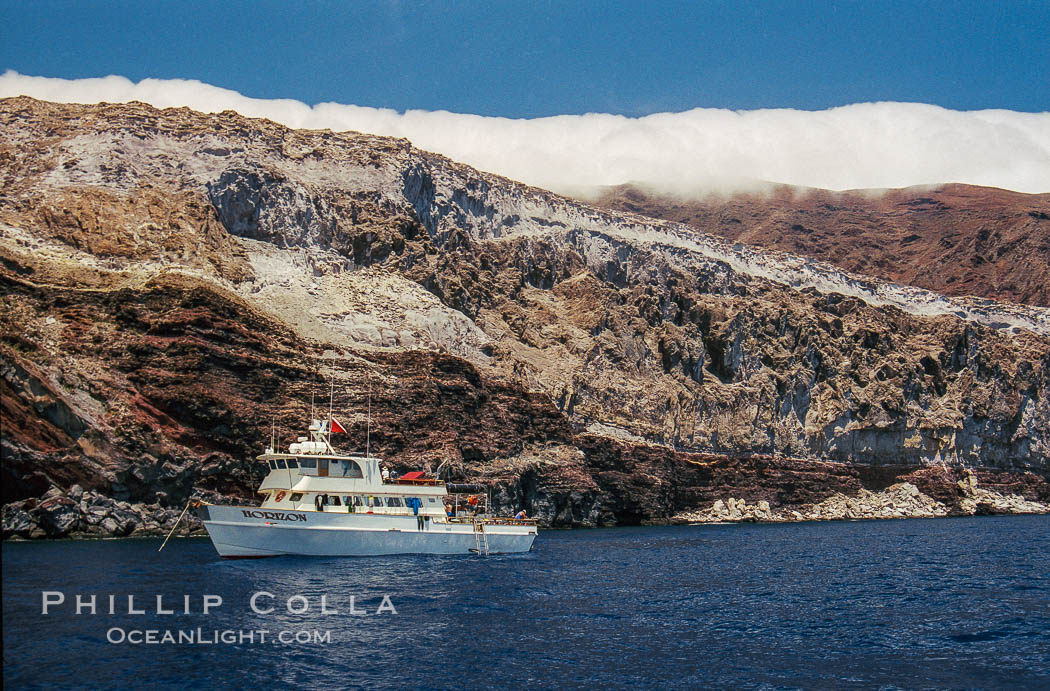 Boat Horizon anchored at Butterfly Cove, Guadalupe Island, Mexico. Guadalupe Island (Isla Guadalupe), Baja California, natural history stock photograph, photo id 36228