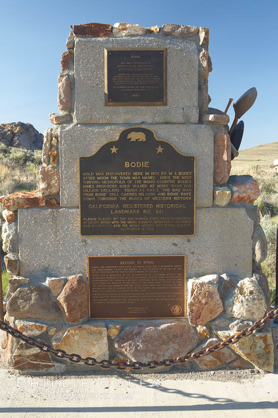 Monument and sign commemorating Bodie State Historical Park. California, USA, natural history stock photograph, photo id 23121