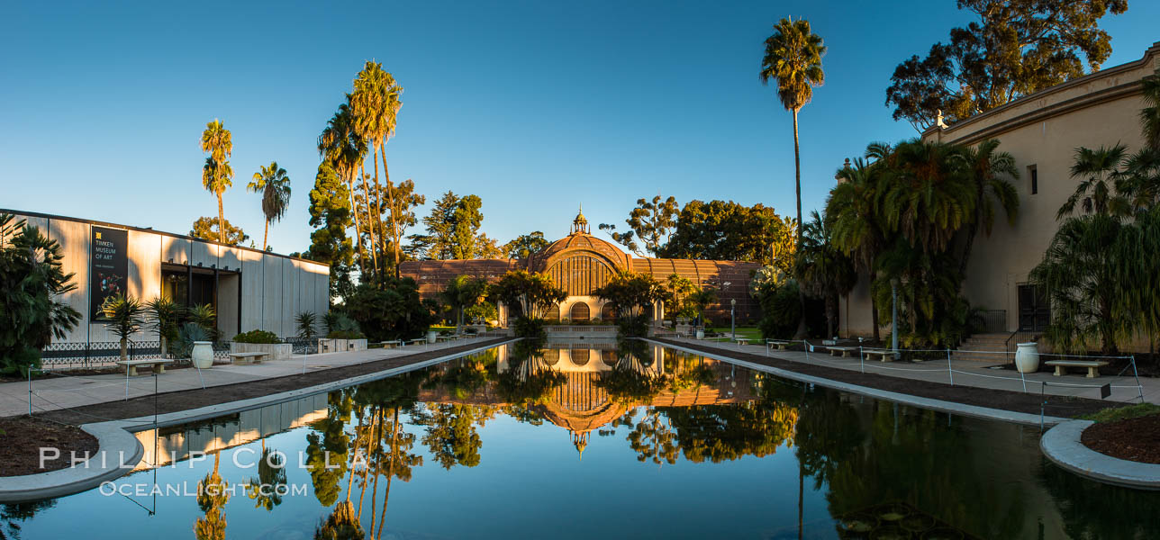 The Botanical Building in Balboa Park, San Diego. The Botanical Building, at 250 feet long by 75 feet wide and 60 feet tall, was the largest wood lath structure in the world when it was built in 1915 for the Panama-California Exposition. The Botanical Building, located on the Prado, west of the Museum of Art, contains about 2,100 permanent tropical plants along with changing seasonal flowers. The Lily Pond, just south of the Botanical Building, is an eloquent example of the use of reflecting pools to enhance architecture. The 193' by 43' foot pond and smaller companion pool were originally referred to as Las Lagunas de las Flores (The Lakes of the Flowers) and were designed as aquatic gardens. The pools contain exotic water lilies and lotus which bloom spring through fall. USA, natural history stock photograph, photo id 28826