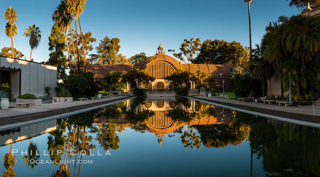 The Botanical Building in Balboa Park, San Diego. The Botanical Building, at 250 feet long by 75 feet wide and 60 feet tall, was the largest wood lath structure in the world when it was built in 1915 for the Panama-California Exposition. The Botanical Building, located on the Prado, west of the Museum of Art, contains about 2,100 permanent tropical plants along with changing seasonal flowers. The Lily Pond, just south of the Botanical Building, is an eloquent example of the use of reflecting pools to enhance architecture. The 193' by 43' foot pond and smaller companion pool were originally referred to as Las Lagunas de las Flores (The Lakes of the Flowers) and were designed as aquatic gardens. The pools contain exotic water lilies and lotus which bloom spring through fall. USA, natural history stock photograph, photo id 28825