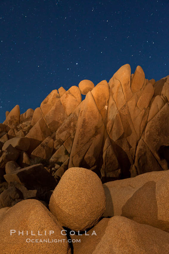 Boulders and stars, moonlight in Joshua Tree National Park. The moon gently lights unusual boulder formations at Jumbo Rocks in Joshua Tree National Park, California. USA, natural history stock photograph, photo id 27716