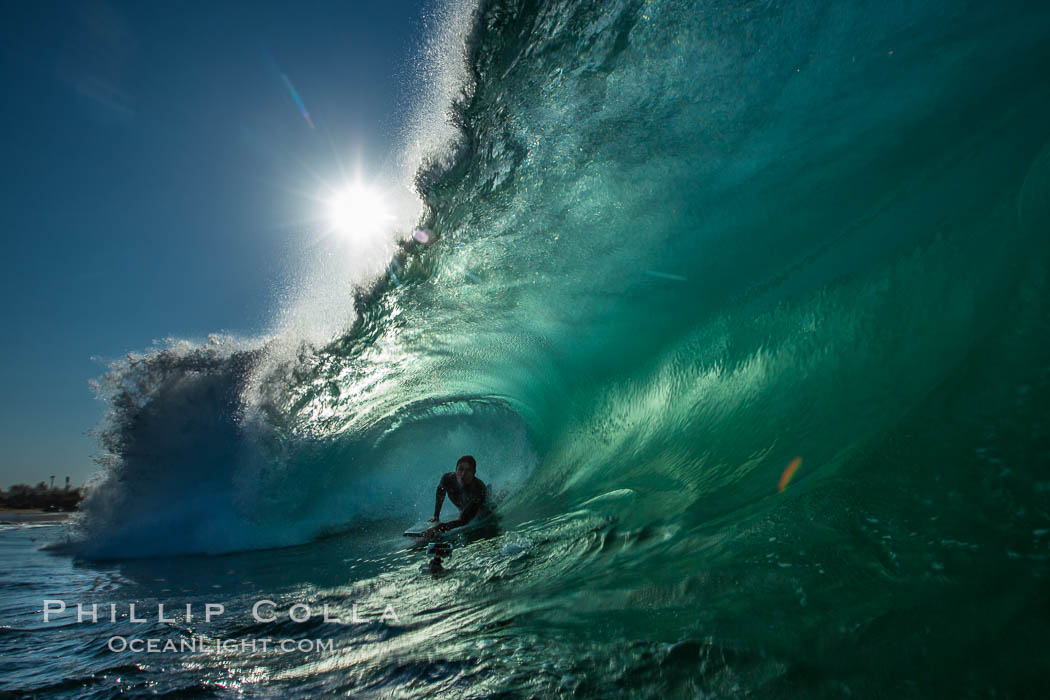 Sponger and backlit barrel. The Wedge, Newport Beach, California, USA, natural history stock photograph, photo id 27987