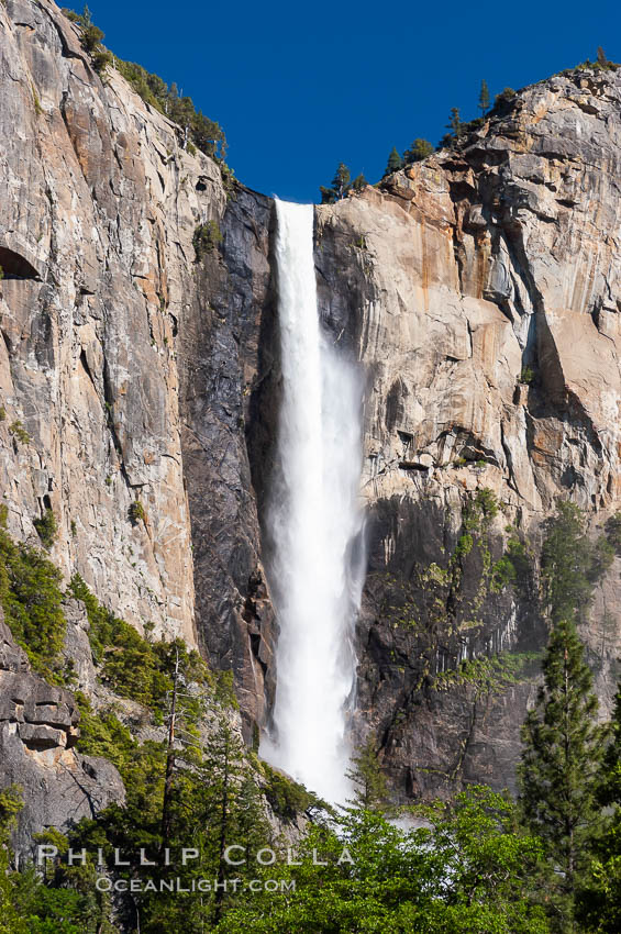 Bridalveil Falls in Yosemite drops 620 feet (188 m) from a hanging valley to the floor of Yosemite Valley. Yosemite National Park, California, USA, natural history stock photograph, photo id 07758